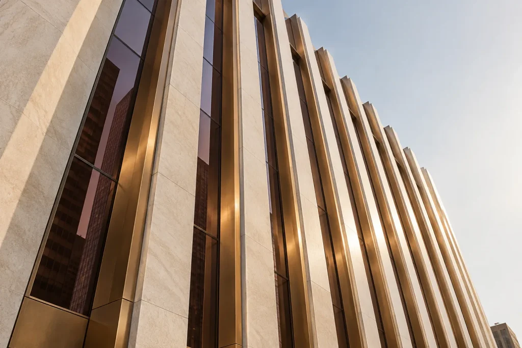 Architectural illustration of bronze and stone building fins