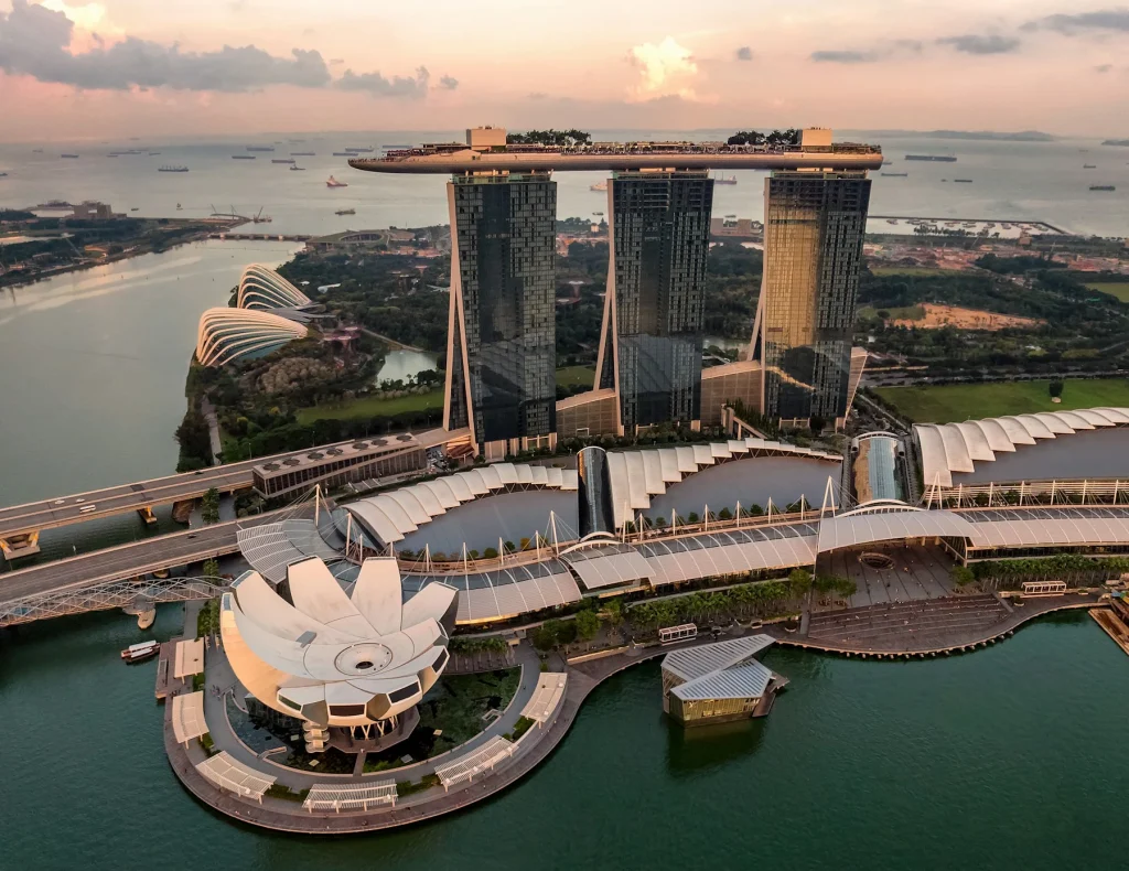 Marina Bay Sands and Singapore waterfront at sunset
